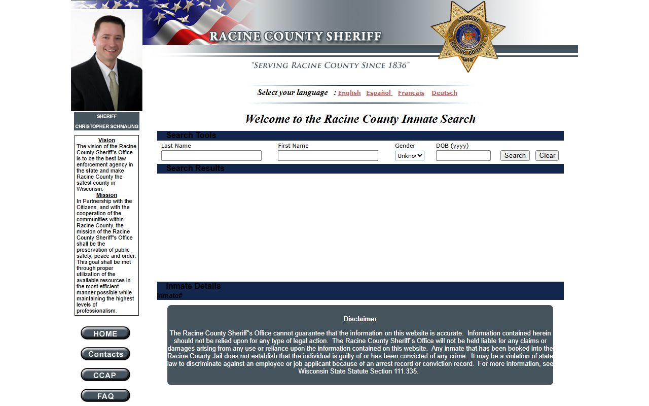 Racine County Booking Releases and inmate locator