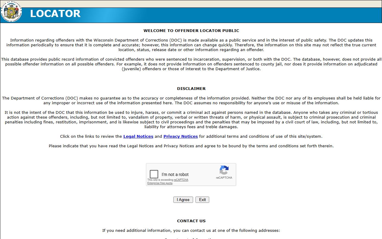 Wisconsin Booking Releases DOC Offender Locator